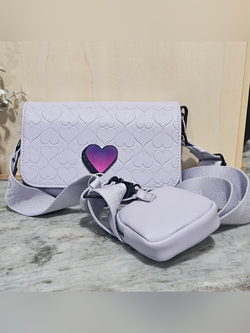 Betsey Johnson Heart Quilted Lavender Crossbody bag with Detachable Pouch - Picture 12 of 12